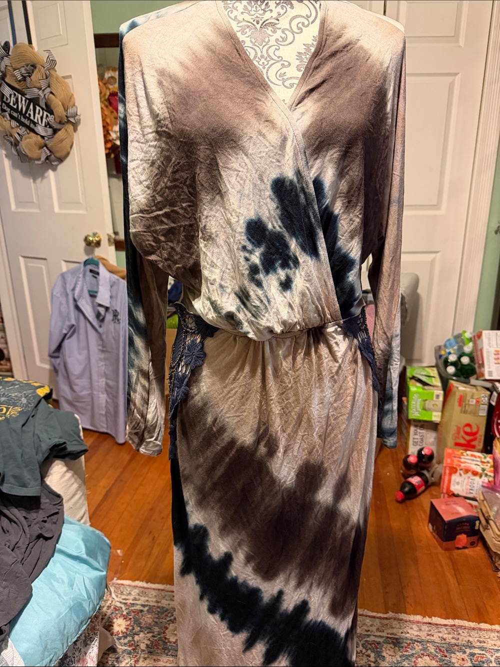 VENUS Taupe & Navy Tie-Dye Wrap Maxi Dress